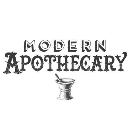 Logo for Modern Apothecary with stylized typography and a mortar and pestle beneath the text.