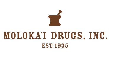 Moloka'i Drugs, Inc. logo featuring a brown stylized apothecary bottle icon above the bold company name and 'EST. 1935'.