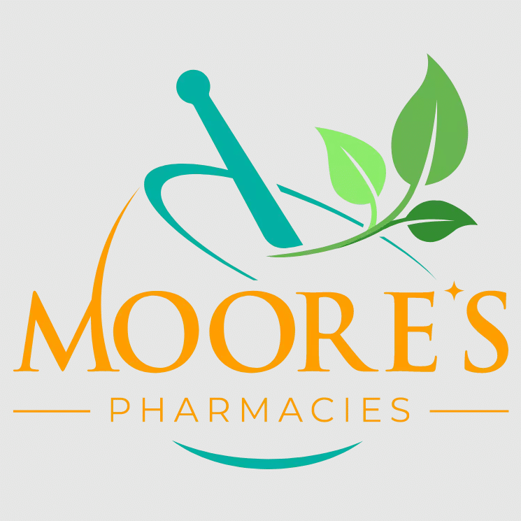 Moore's Pharmacies logo with orange text and green leaves motif