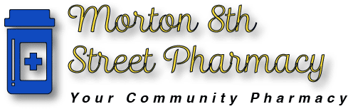 Logo for Morton 8th Street Pharmacy featuring a blue pill bottle icon and gold-script lettering, with the tagline 'Your Community Pharmacy'