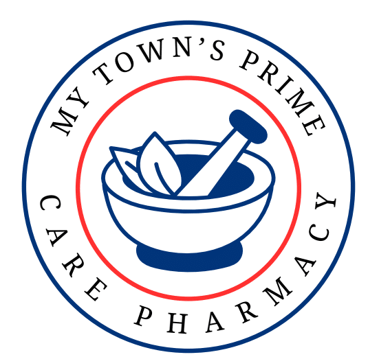 Logo for My Town's Prime Care Pharmacy featuring a mortar and pestle with leaves inside a circular badge with blue and red rings.