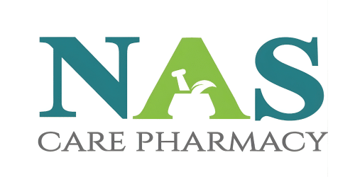 NAS Care Pharmacy logo: large teal 'NAS' with lime green 'A' containing a white mortar and pestle, and gray 'CARE PHARMACY' text.
