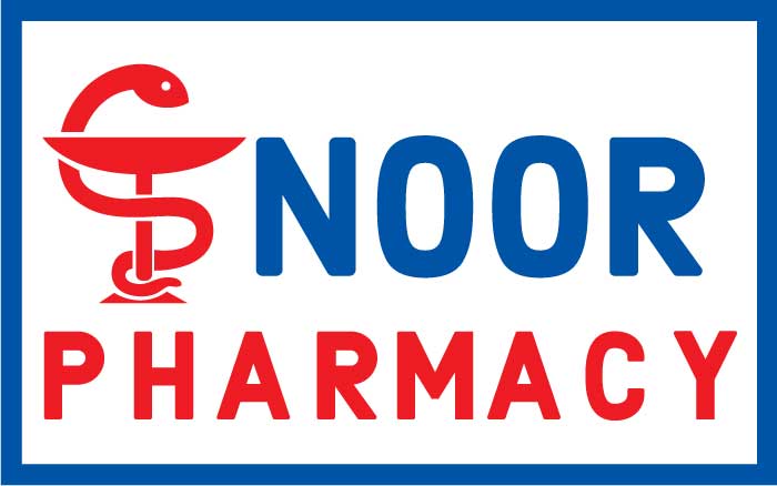Noor Pharmacy logo with blue 'NOOR' and red 'PHARMACY' text and a red caduceus symbol inside a blue border.