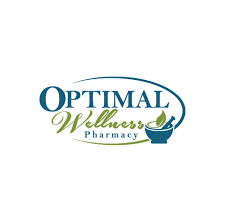 Logo for Optimal Wellness Pharmacy with blue wordmark and a teal mortar-and-pestle icon