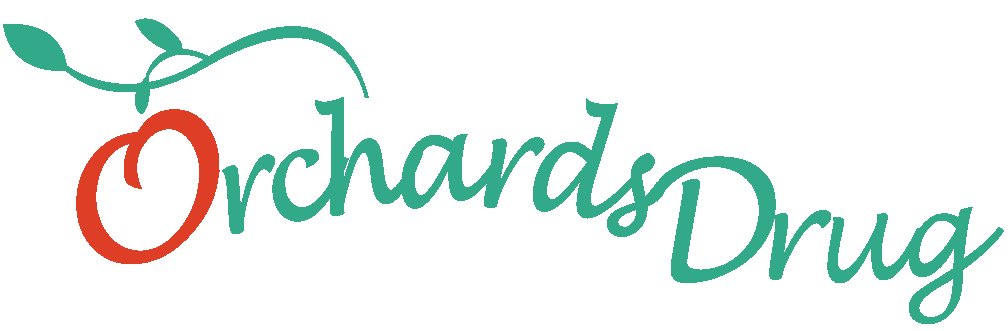 Orchards Drug logo: teal cursive script with a red circular 'O' and a leafy vine motif.