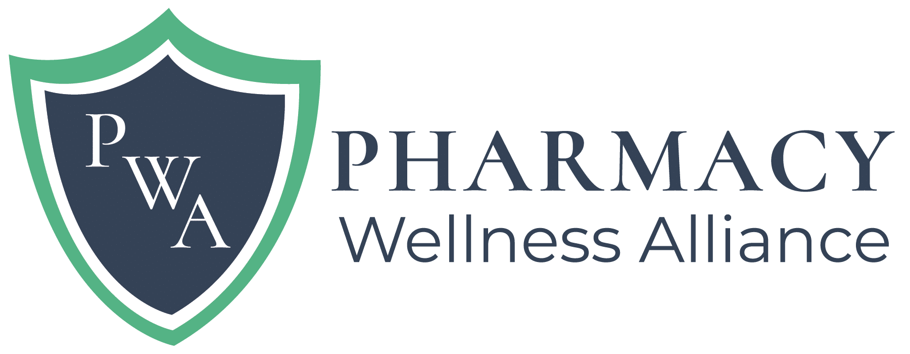 Pharmacy Wellness Alliance logo: teal shield with navy center and PWA initials, plus 'Pharmacy Wellness Alliance' text to the right.