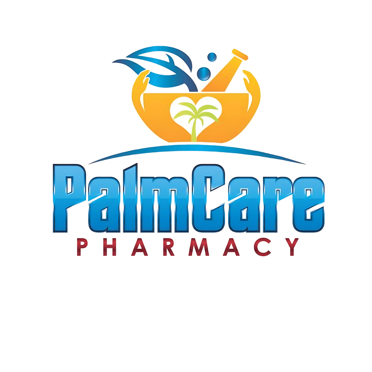 PalmCare Pharmacy logo: an orange bowl with a heart-shaped palm tree, blue swoosh, and the blue gradient 'PalmCare' text with red 'PHARMACY' letters beneath