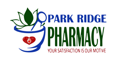 Park Ridge Pharmacy logo featuring a mortar and pestle with leaves, a heart emblem, and the words ‘Park Ridge Pharmacy’ with the tagline “Your satisfaction is our motive.”