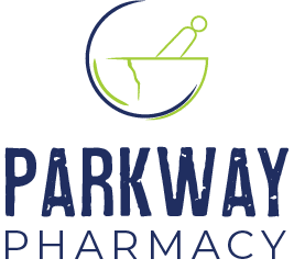 Parkway Pharmacy logo: blue text with a lime mortar-and-pestle circle icon above the wordmark PHARMACY in lime letters.