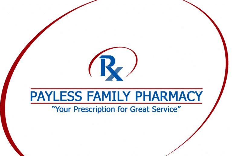 Payless Family Pharmacy logo with blue RX symbol, blue text 'PAYLESS FAMILY PHARMACY' and motto 'Your Prescription for Great Service' under a red circular arc on a green background.