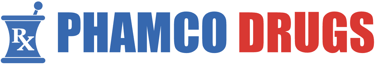 Phamco Drugs logo featuring a blue mortar-and-pestle icon and bold blue 'PHAMCO' with red 'DRUGS' text.