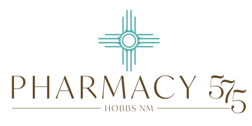 Logo for Pharmacy 57 5 featuring a teal cross emblem above the text 'PHARMACY 57 5' and 'HOBBS NM' below.