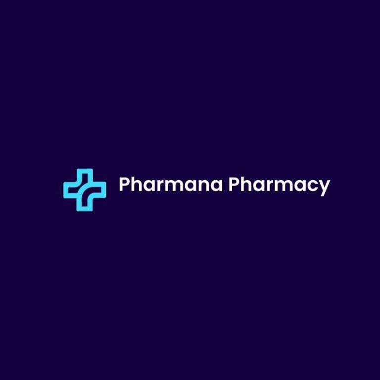 Pharmana Pharmacy logo: blue cross symbol beside the brand name on a dark purple background.