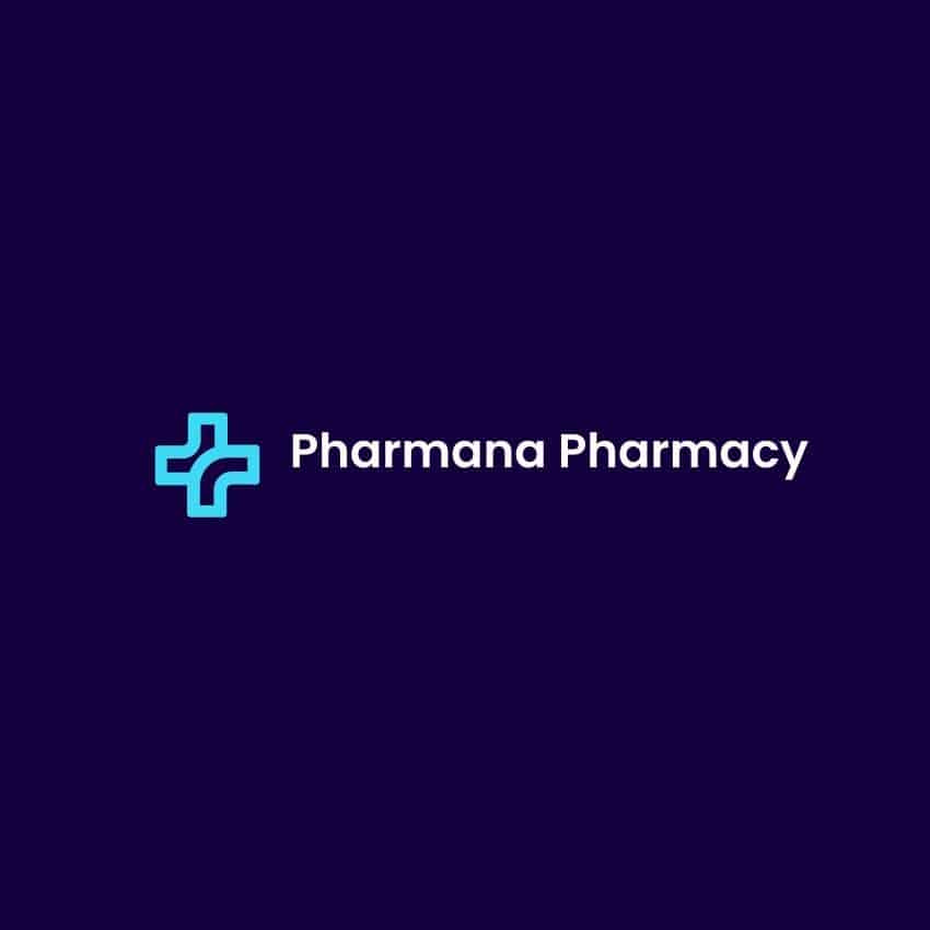 Pharmana Pharmacy logo with a light blue medical cross icon and the brand name on a dark purple background