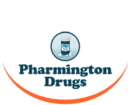 Pharmington Drugs logo featuring a blue pill bottle icon in a circle above the brand name.