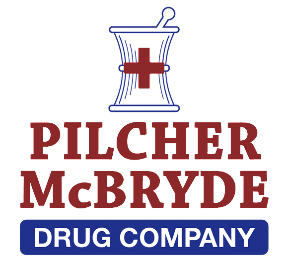 Pilcher McBryde Drug Company logo: a white medical roller with a red cross above the red company name, and a blue rounded label reading DRUG COMPANY.