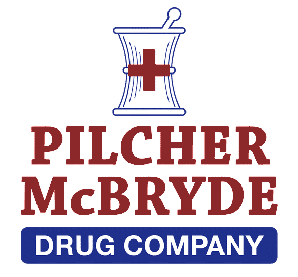 Logo for Pilcher McBryde Drug Company featuring a white medical cap icon with a red cross and bold red text 'PILCHER MCBRYDE' above a blue rounded rectangle reading 'DRUG COMPANY'
