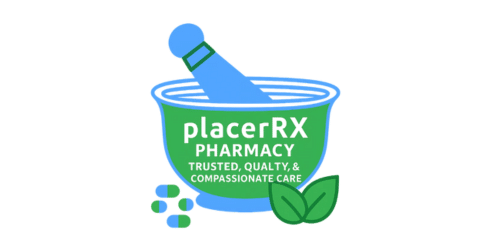 PlaceRx Pharmacy logo with a blue mortar and pestle, a green bowl, and leaves with a small grape cluster