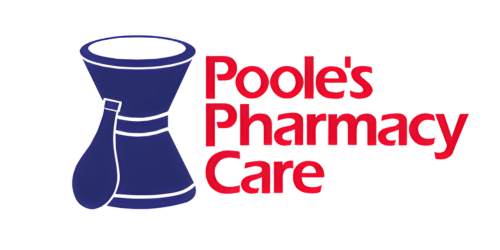 Poole's Pharmacy Care logo with a blue mortar and pestle icon next to red text Poole's Pharmacy Care. Jul