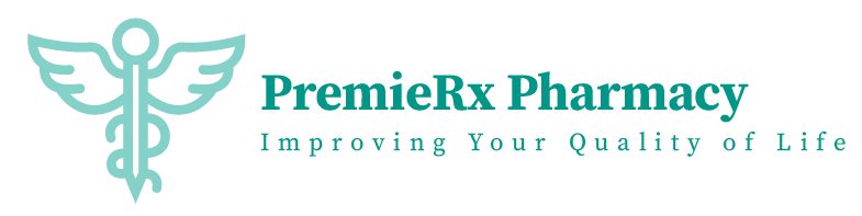 PremierRx Pharmacy logo with a turquoise caduceus and the text 'PremierRx Pharmacy' and the motto 'Improving Your Quality of Life'.