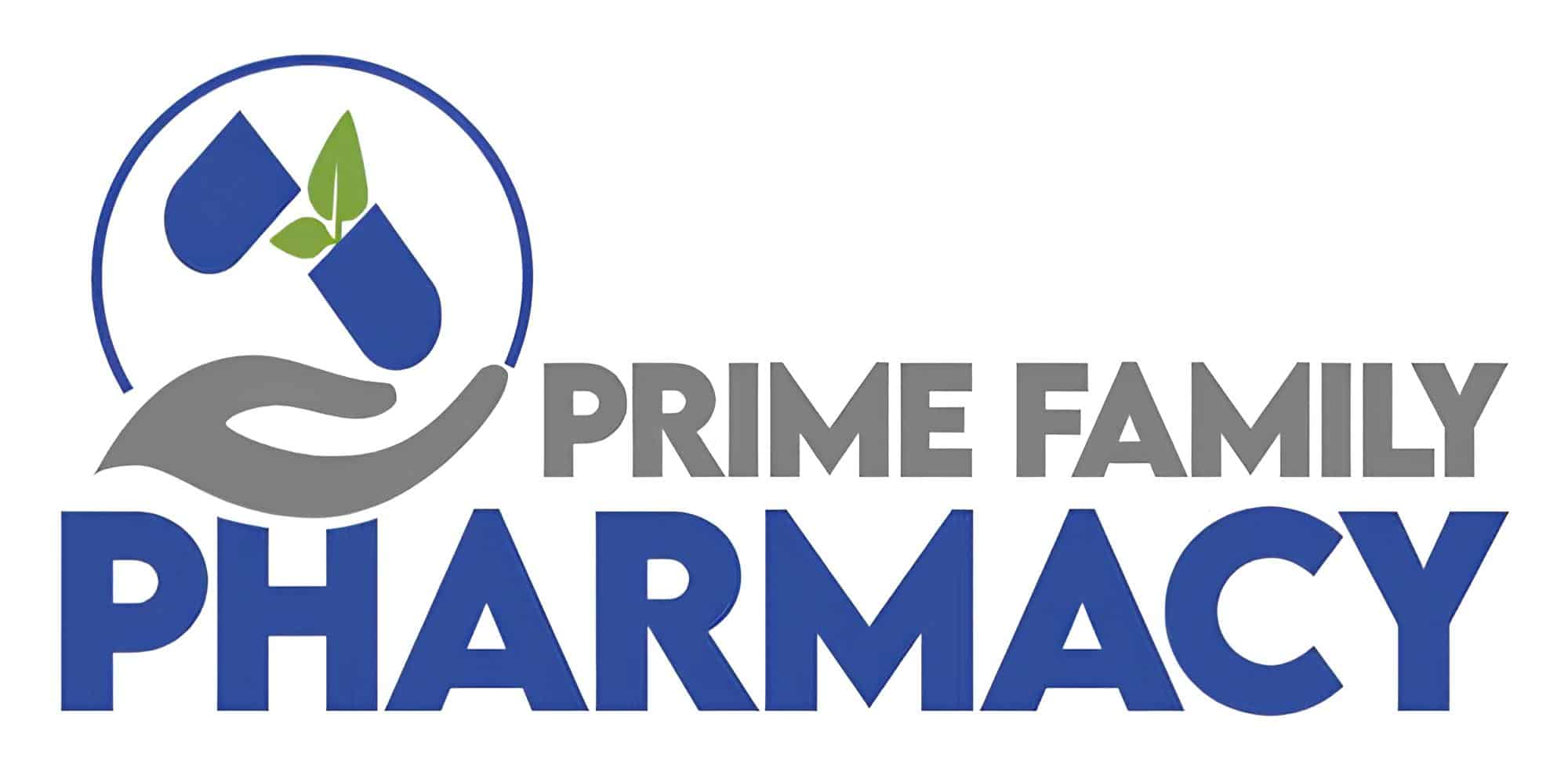 Prime Family Pharmacy logo: gray hand cradling a blue capsule with green leaves, beside bold gray 'PRIME FAMILY' and blue 'PHARMACY' text.