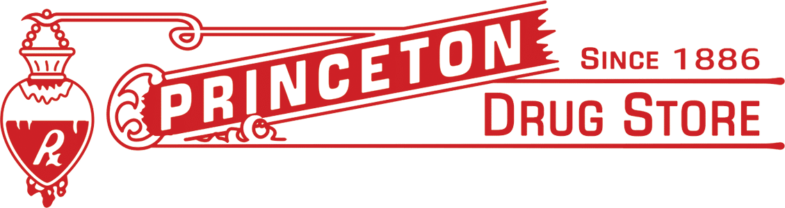 Vintage Princeton Drug Store logo with an ornate apothecary bottle on the left and a diagonal red banner reading 'PRINCETON' with 'Since 1886' and 'Drug Store' text.