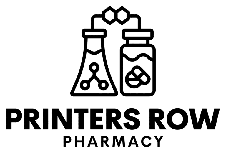 Pharmacy logo with two laboratory flasks connected to a pill bottle and the text 'PRINTERS ROW PHARMACY'