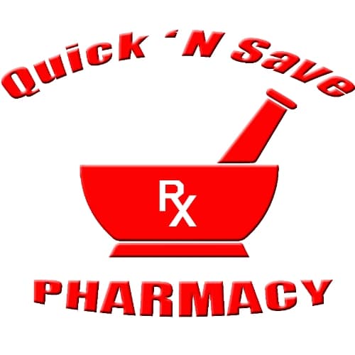 Logo for Quick 'N Save Pharmacy with a red mortar and pestle and an RX symbol in the bowl, curved text above and below
