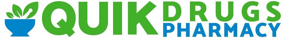 Logo: Quick Drugs Pharmacy with a blue mortar/plant icon on the left, and bold green 'QUICK DRUGS' with blue 'PHARMACY' text.