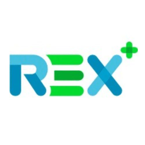 Brand logo: the word REX in blue and green with a small green plus sign at the top-right.