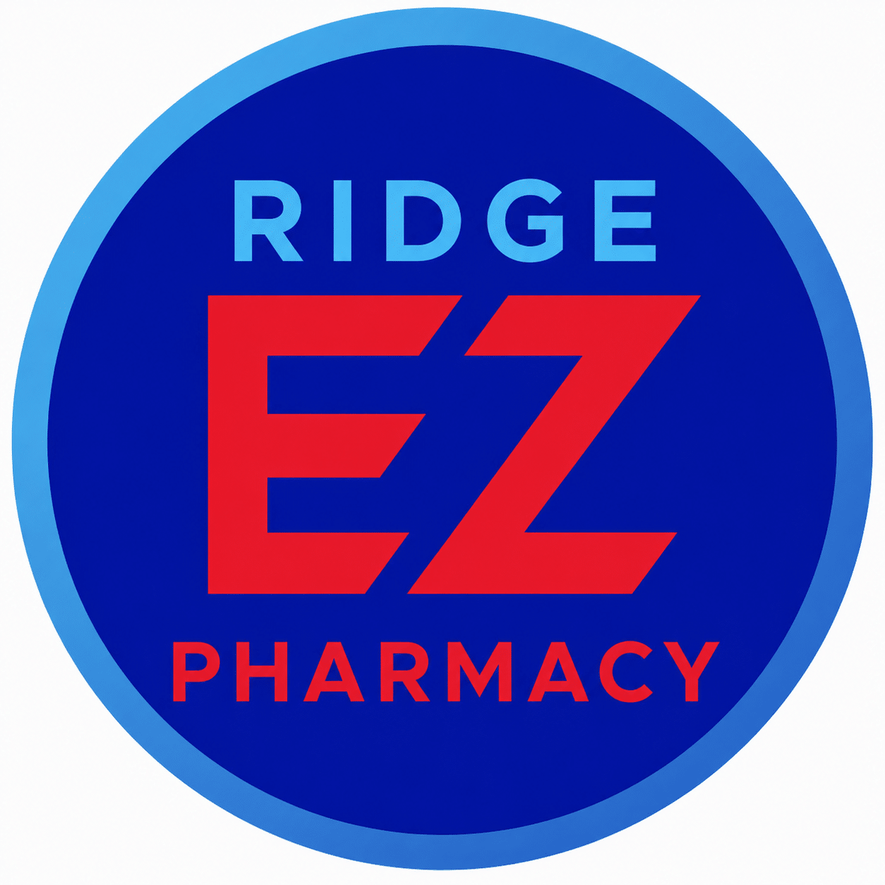 Ridge EZ Pharmacy logo: blue circular badge with red EZ lettering and 'RIDGE' above and 'PHARMACY' below.