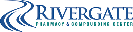 Rivergate Pharmacy & Compounding Center logo with blue waves on the left and the brand name in blue, plus teal subtitle text beneath.