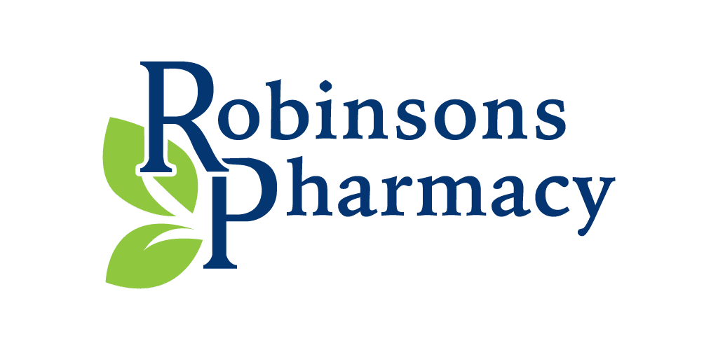 Robinsons Pharmacy logo with dark blue serif text and a green leaf design on the left.