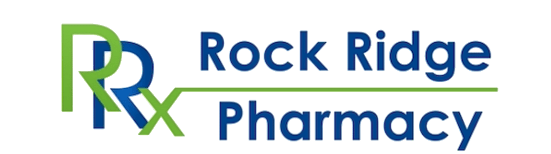 Rock Ridge Pharmacy logo with a green and blue RX monogram to the left and the name in blue text on the right.