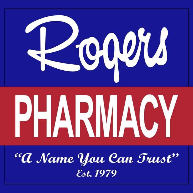 Rogers Pharmacy logo on blue background with a red banner saying PHARMACY and the slogan “A Name You Can Trust,” Est. 1979.