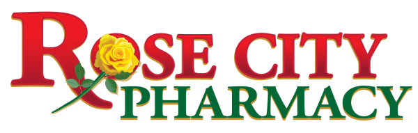 Rose City Pharmacy logo featuring a yellow rose replacing the 'O' in 'Rose' with red 'ROSE CITY' text and green 'PHARMACY' below.
