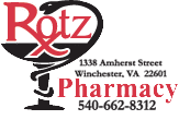 Rotz Pharmacy logo featuring a red Rx symbol, the word Pharmacy, and a contact phone number.