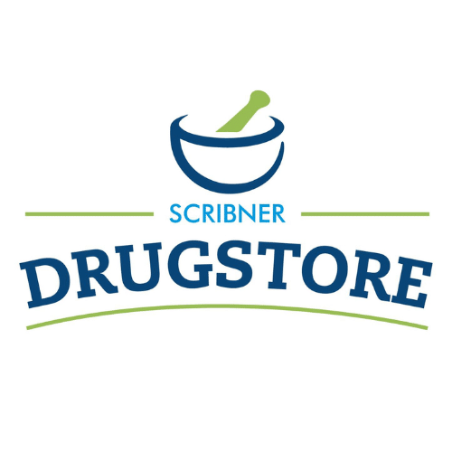 Scribner Drugstore logo showing a blue mortar and bowl with a green pestle above, and bold curved blue 'DRUGSTORE' text with green accents below.