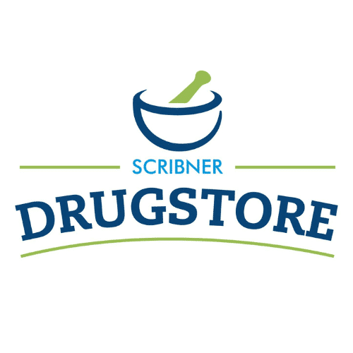 Scribner Drugstore logo showing a mortar-and-pestle icon above the word SCRIBNER and a curved DRUGSTORE wordmark, with green decorative lines.