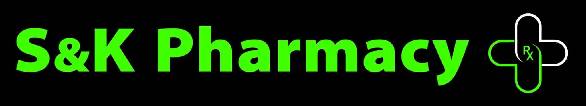 S&K Pharmacy logo with neon-green text on a black background and a white-outlined medical cross to the right.
