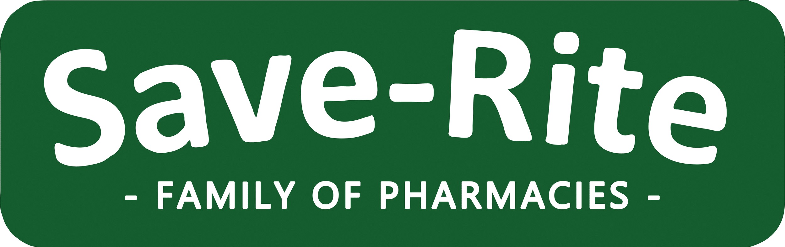Save-Rite logo on a dark green rounded rectangle with the white text: 'FAMILY OF PHARMACIES'.