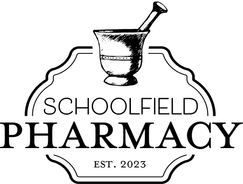 Schoolfield Pharmacy logo with a mortar and pestle icon above the name, in a decorative frame, EST. 2023