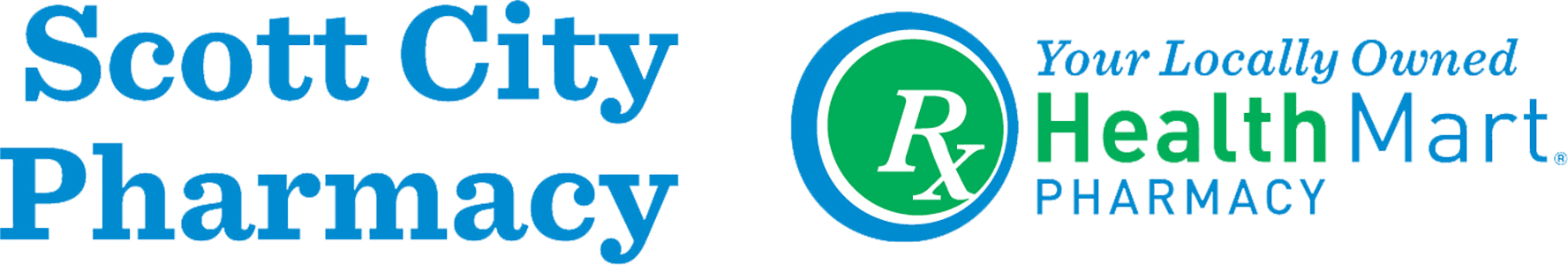 Banner logo for Scott City Pharmacy and Health Mart Pharmacy, featuring the Rx symbol and 'Your Locally Owned' tagline.