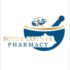 Scott County Pharmacy logo: blue bowl motif with mortar and pestle and the words Scott County Pharmacy in gold and blue