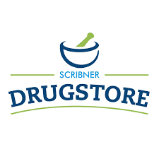 Scribner Drugstore logo featuring a blue mortar and pestle icon with green accents and the brand name.
