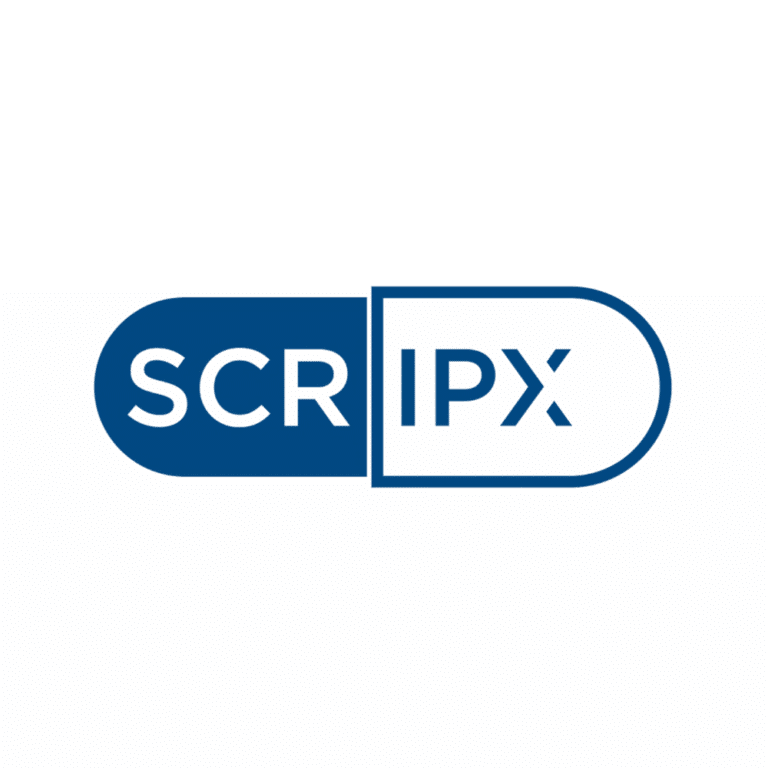 SCRPX logo: a blue capsule-shaped mark split in half, left half shows 'SCR' and right half shows 'PX' with a vertical divider between.