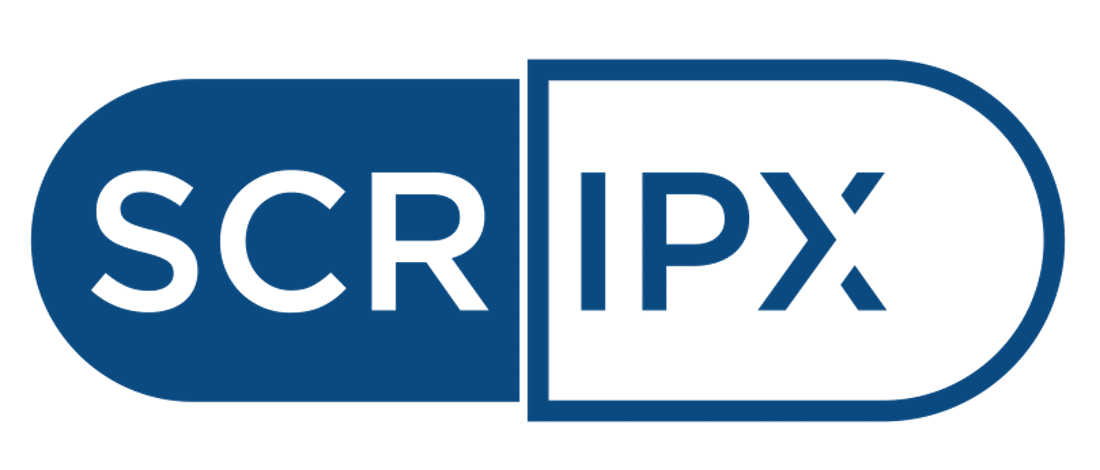 SCRIPX logo: blue capsule split in two with 'SCR' on the left and 'IPX' on the right.