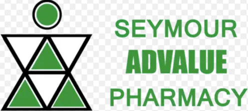 Logo for Seymour Advalue Pharmacy: a black-outlined geometric left emblem of triangles with green fill, beside the green text 'SEYMOUR ADVALUE PHARMACY' on the right.