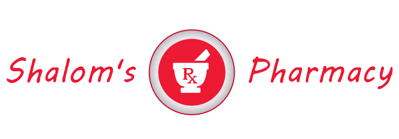 Shalom's Pharmacy logo with a red circular emblem featuring a white mortar and pestle and Rx, flanked by red cursive 'Shalom's' and 'Pharmacy' text