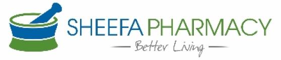 Sheefa Pharmacy logo with a blue and green mortar-and-pestle icon and the slogan 'Better Living'